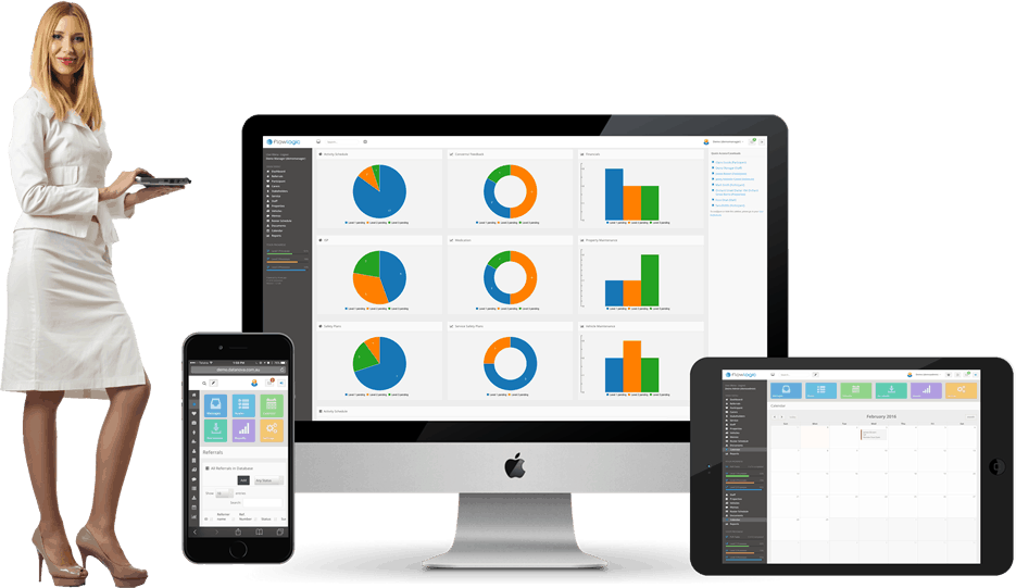 NDIS software dashboard showing business woman next to desktop, ipad and mobile screen